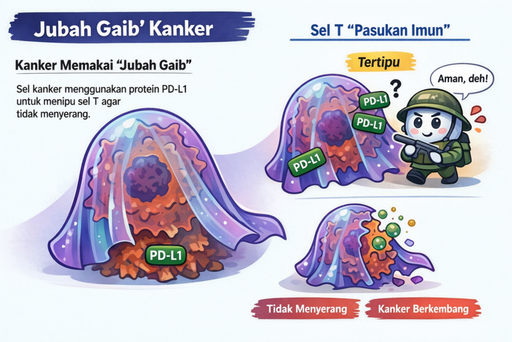 Infografik mekanisme protein GMI menghancurkan PD-L1 dan menghentikan kamuflase sel kanker