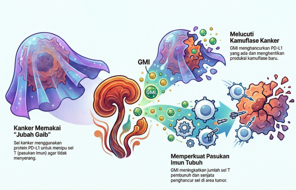 Ilustrasi penguatan sistem imun oleh GMI dalam melawan sel kanker